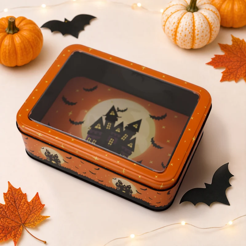 Halloween-Metallbox mit Sichtfenster und Hexenmotiv
