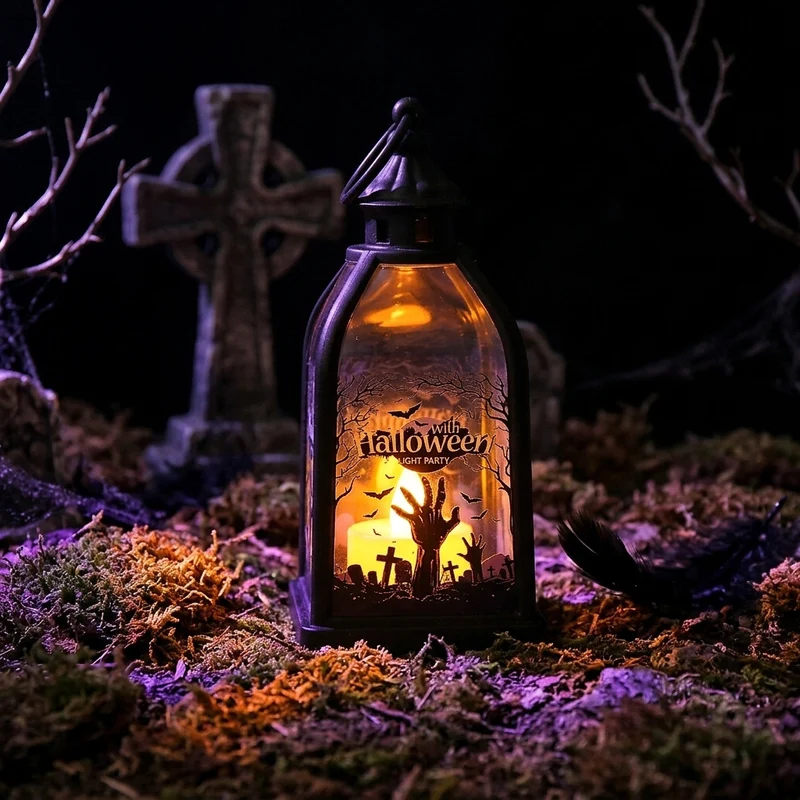 Halloween-Dekolaterne mit LED-Imitatkerze und Skelett-Glaseinsätzen antikoptik