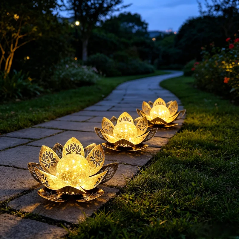 Dekorative Solar-Lotus-LED-Gartenlaterne mit gesprungener Glaskugel und lasergeschnittenen Metallblättern Skanto