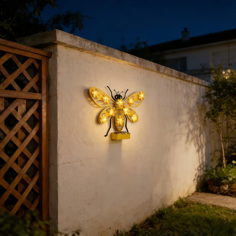 Dekorative Solar-LED-Bienen-Wandskulptur mit Blumen-Lichterkette und Metallhalterung Skanto
