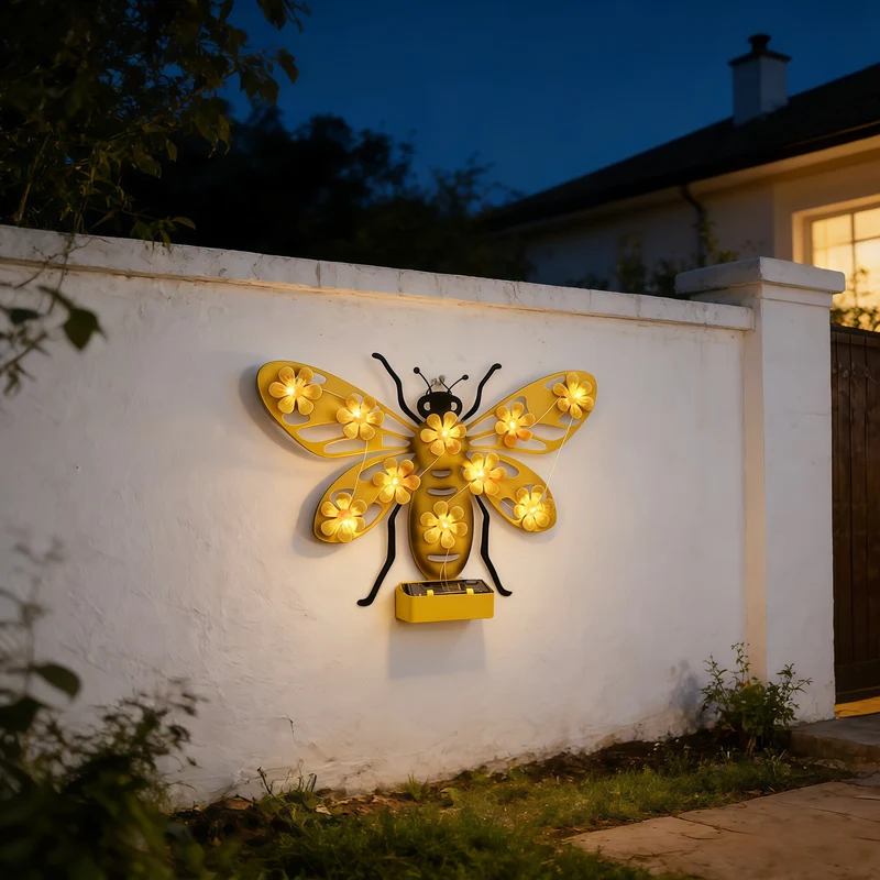 Dekorative Solar-LED-Bienen-Wandskulptur mit Blumen-Lichterkette und Metallhalterung Skanto