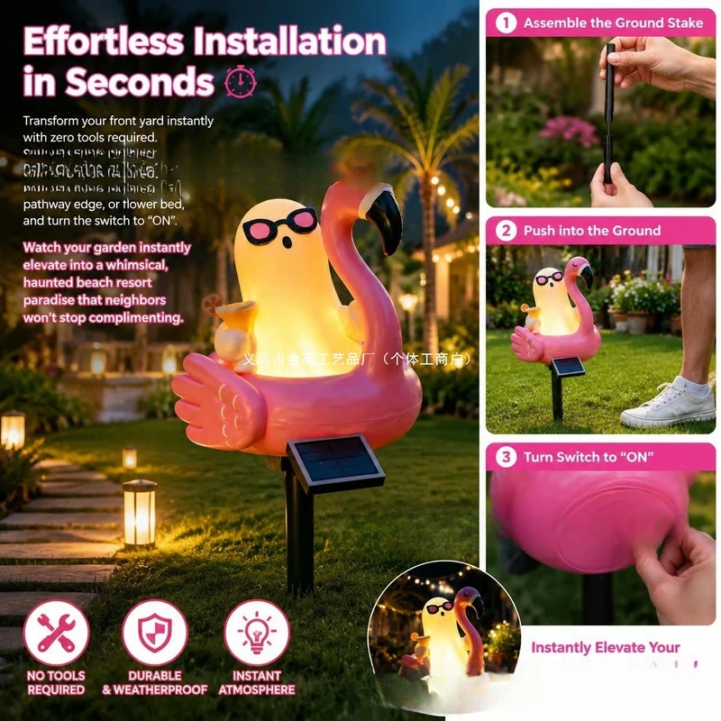 Verspielte Solar-Flamingo Gartenstecker Laterne mit integrierter LED-Figur und Erdspieß Skanto