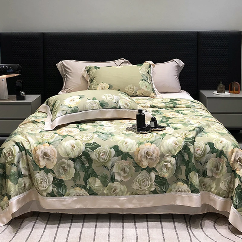 Luxuriöses Baumwollsatin-Bettwäsche-Set mit floralem Aquarellprint und feiner Satinkante