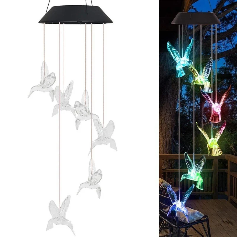 Solarbetriebenes hängendes Kolibri-LED-Windspiel mit farbwechselnden RGB-Acrylvögeln und wetterfestem Oberteil Skanto