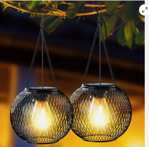 Solar-Hängeleuchten für den Außenbereich mit Vintage-LED-Glühfadenbirne und Metallkäfig, wasserdichte Pendelleuchte Skanto