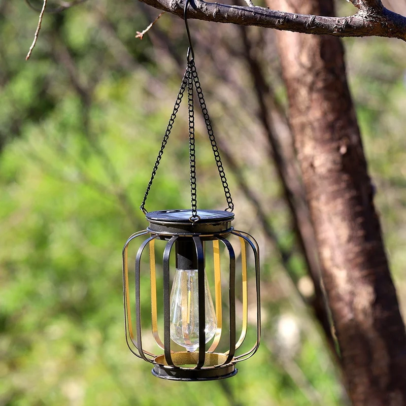 Solar-Hängeleuchten für den Außenbereich mit Vintage-LED-Glühfadenbirne und Metallkäfig, wasserdichte Pendelleuchte Skanto