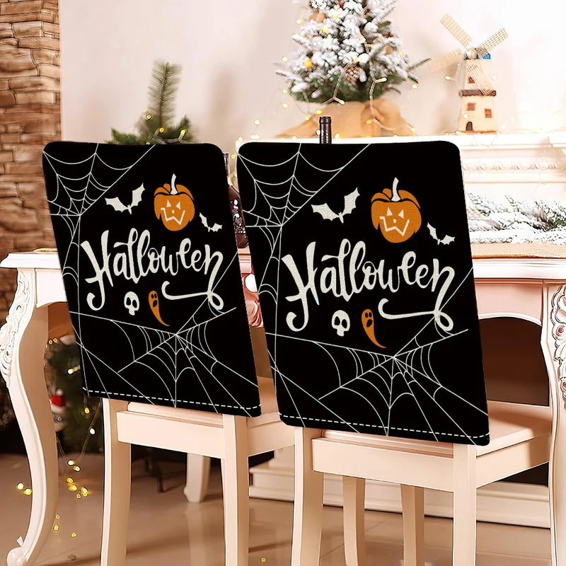 festliche Halloween-Stuhlhussen aus dehnbarem Polyester mit Hexenhut- und Schriftzug-Motiv