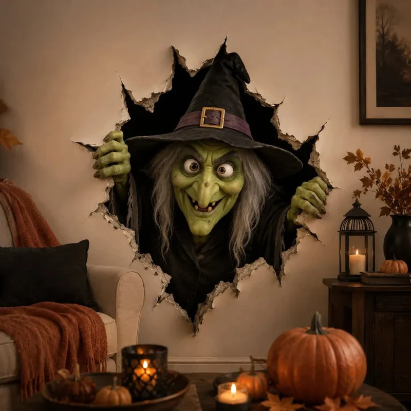 Dreidimensionaler Halloween-Wandsticker Hexe mit Loch-in-Wand-Effekt und Kürbislaterne