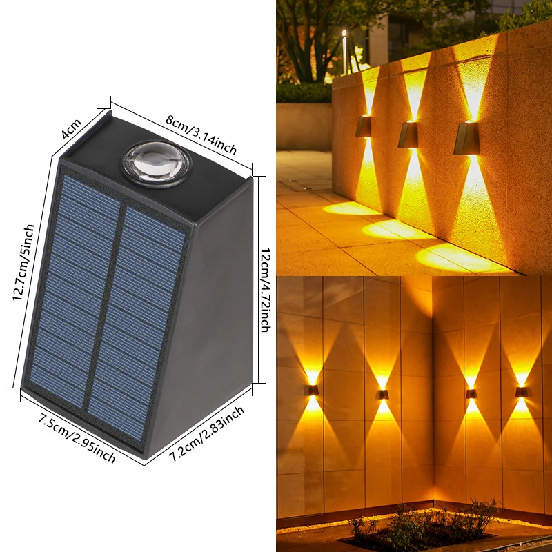Skanto Abgewinkelte bidirektionale Solar-LED-Wandleuchte mit integriertem Photovoltaik-Panel und Prismenlinse Skanto