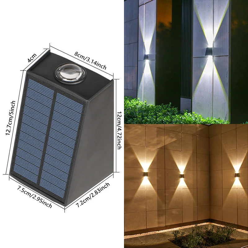Skanto Abgewinkelte bidirektionale Solar-LED-Wandleuchte mit integriertem Photovoltaik-Panel und Prismenlinse Skanto