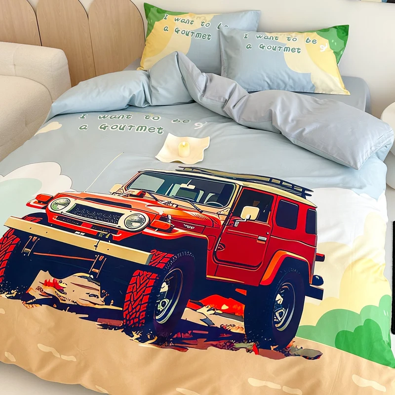 Kinder-Bettwäschegarnitur mit Offroad-Jeep Abenteuerillustration und weichem Baumwollmix