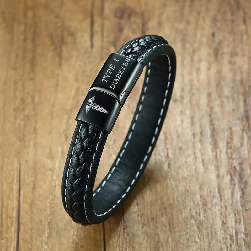 Skanto | Medizinischer ID-Alarm-Armband für Diabetiker – Genähtes Schwarzes Leder – Für Typ-1- & Typ-2-Diabetes