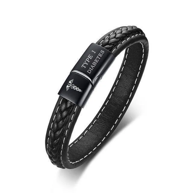 Skanto | Medizinischer ID-Alarm-Armband für Diabetiker – Genähtes Schwarzes Leder – Für Typ-1- & Typ-2-Diabetes