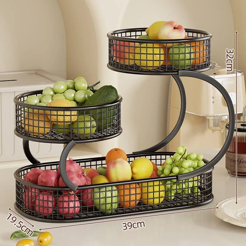 Mehrere Ebenen Spiralförmiger Metall Obst- und Gemüse Lagerstand mit Netz Körben und Taschentuch Box Regal
