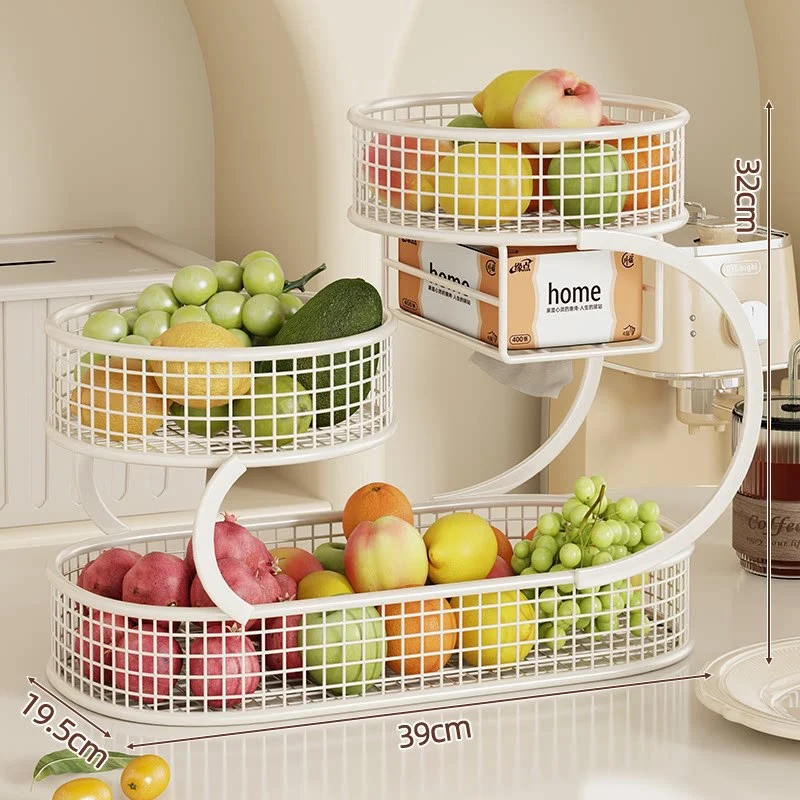 Mehrere Ebenen Spiralförmiger Metall Obst- und Gemüse Lagerstand mit Netz Körben und Taschentuch Box Regal