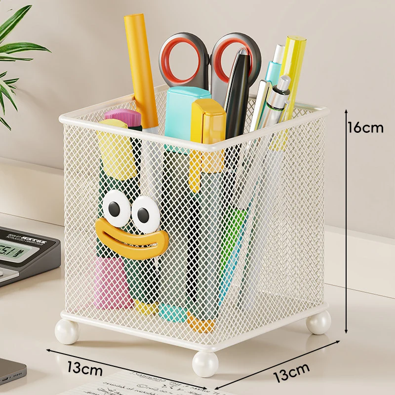 Mesh Quadrat Schreibtisch Stifthalter mit verspieltem Gesicht und erhöhten Ballfüßen