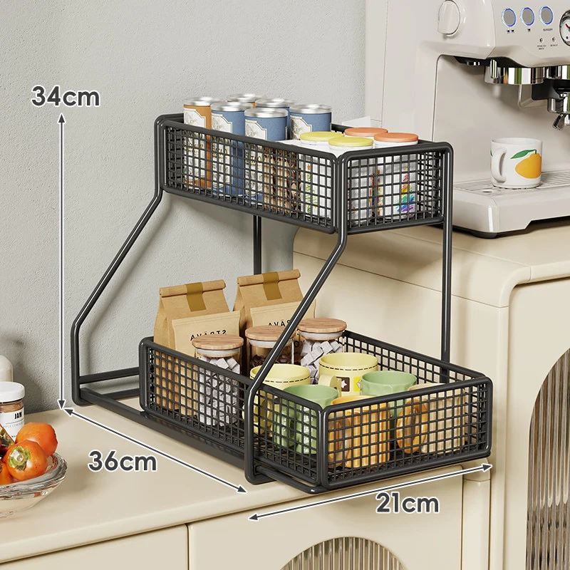 Dreiböckiger, schräger Metall-Mesh-Thekenregal-Organizer mit stapelbaren Drahtkörben