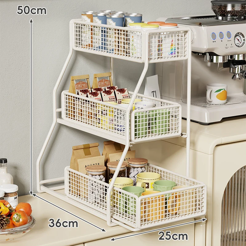 Dreiböckiger, schräger Metall-Mesh-Thekenregal-Organizer mit stapelbaren Drahtkörben