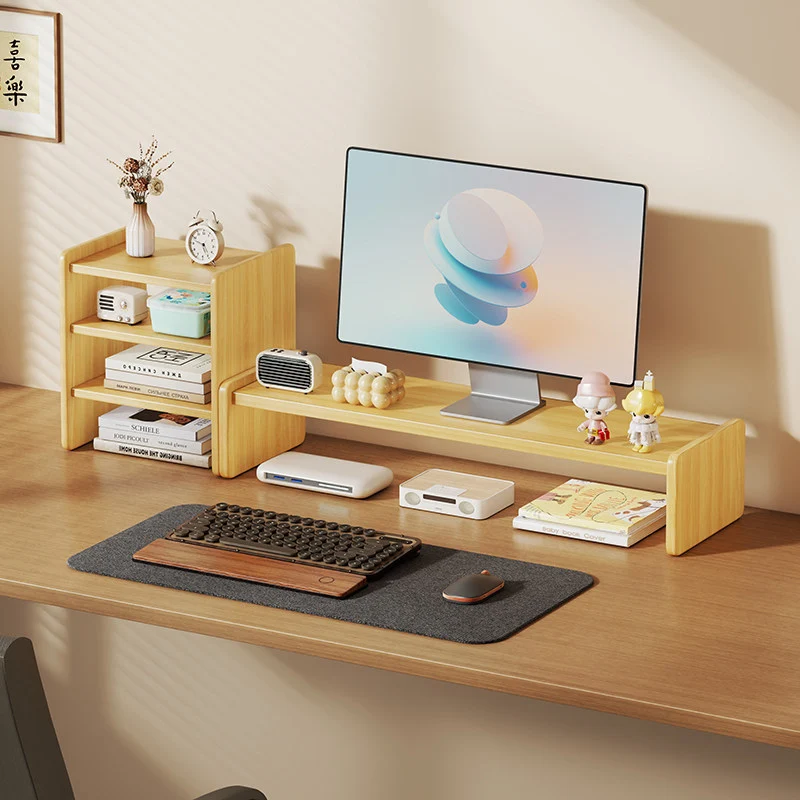 Massivholz-Monitorständer und Schreibtischorganizer mit zweistufigem Regal und Kabelmanagement