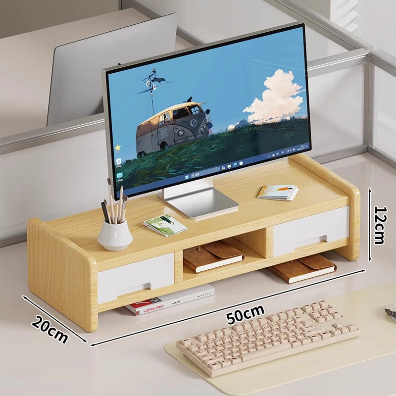 Massivholz-Monitorständer und Schreibtischorganizer mit zweistufigem Regal und Kabelmanagement