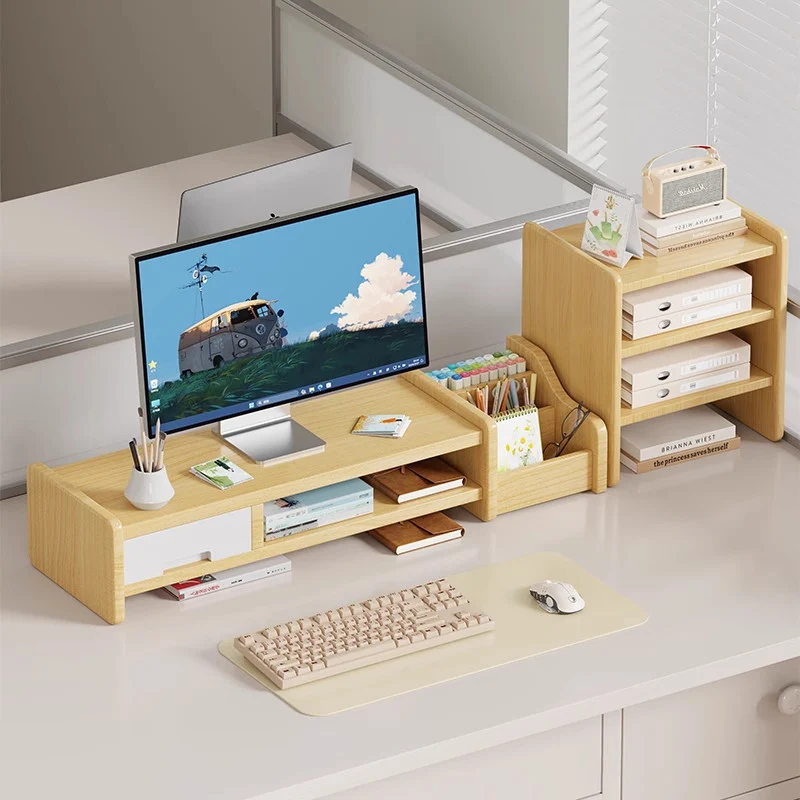 Massivholz-Monitorständer und Schreibtischorganizer mit zweistufigem Regal und Kabelmanagement