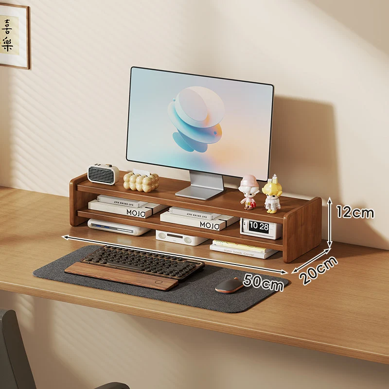 Massivholz-Monitorständer und Schreibtischorganizer mit zweistufigem Regal und Kabelmanagement
