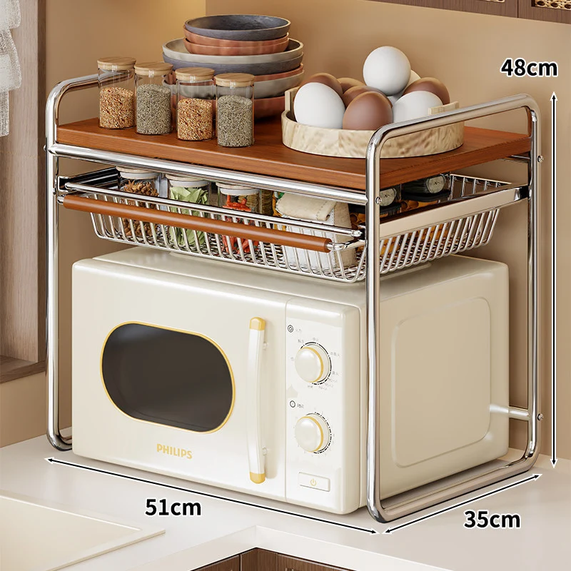 Küchen-Mikrowellen-Ständer mit rutschbarem Drahtkorb und Holzoberfläche