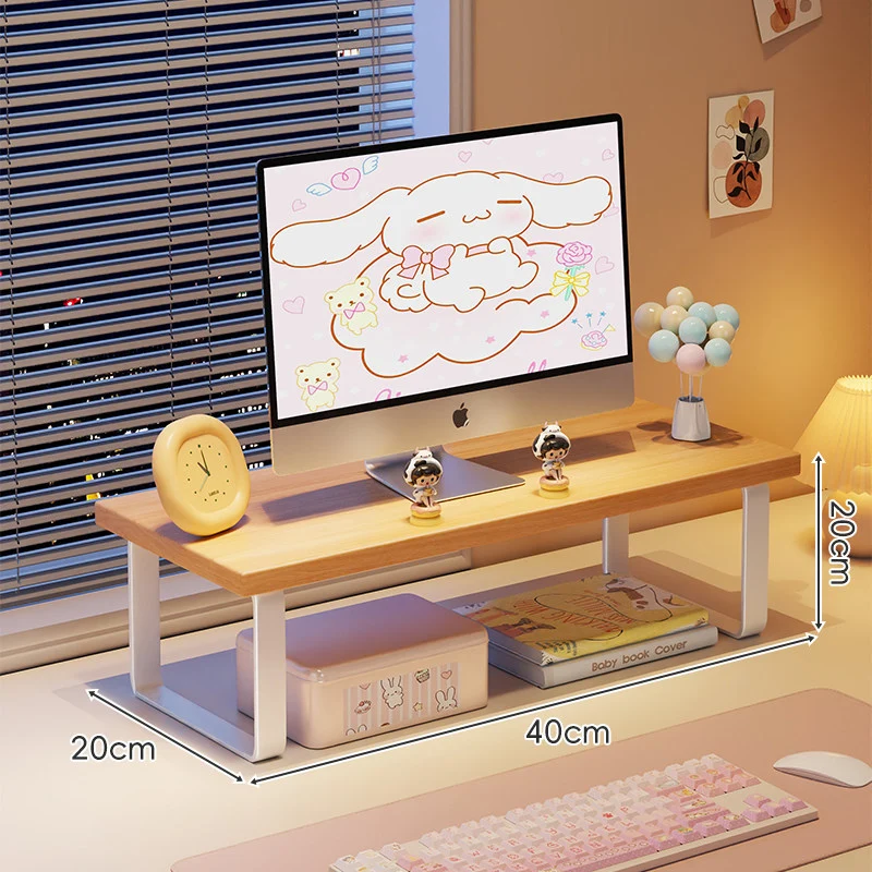 Erhöhter Monitorständer mit Holz-Optik-Oberfläche, Metallrahmen und Unterregal-Stauraum