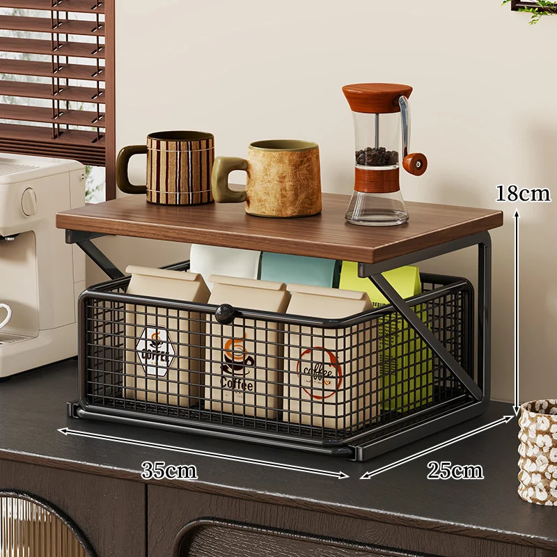 Küchenarbeitsplatte Kaffee Station Organizer mit Holzoberfläche und Metalldrahtkorb