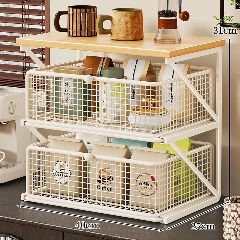 Küchenarbeitsplatte Kaffee Station Organizer mit Holzoberfläche und Metalldrahtkorb