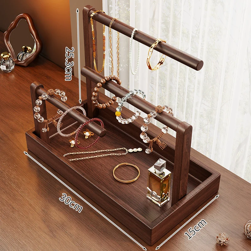 Holz Stufen Schmuck Display Ständer mit drei Stangen und Ablagewanne