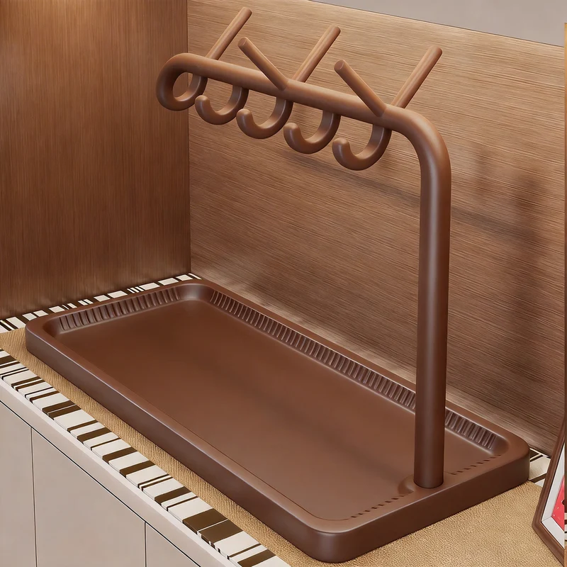 Moderne Schmuck-Organizer-Ständer mit gebogenen Mehrfach-Haken für Halsketten und Auffangschale