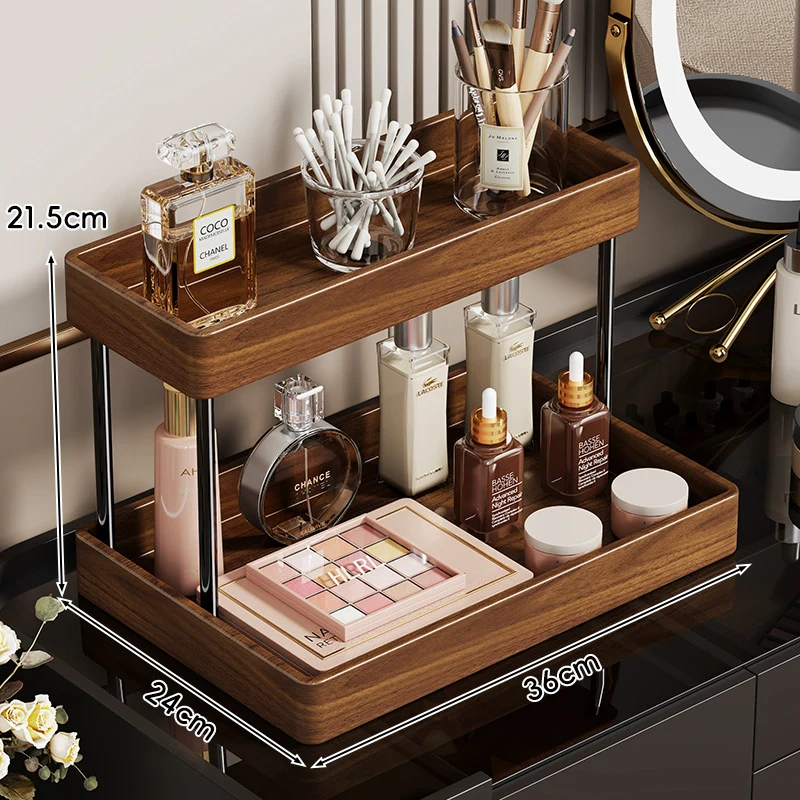 Zwei-Ebenen Holzkosmetikschreibtisch Organizer mit Metallpfeilern