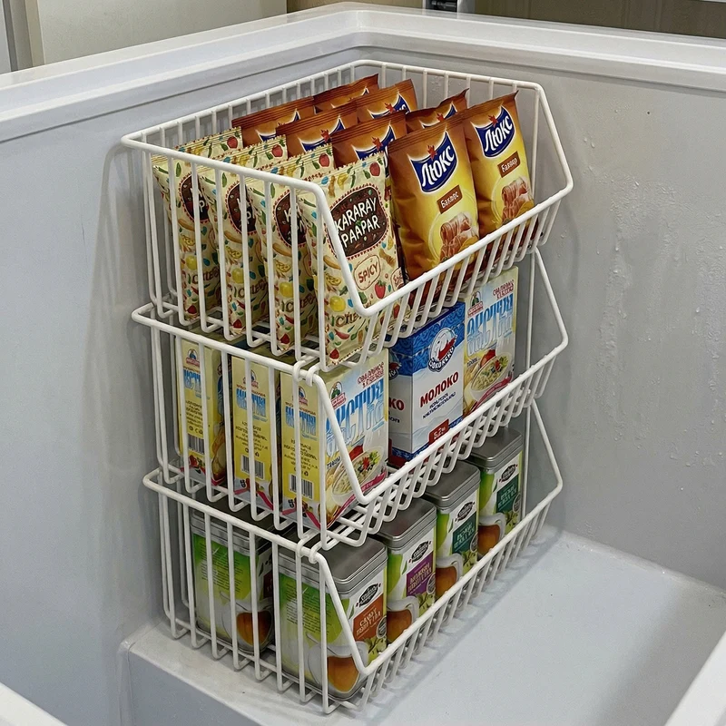 Zweischichtiges Kühlschrank-Draht-Schublade-Aufbewahrungs-Korb-Organizer mit stapelbaren abnehmbaren Behältern