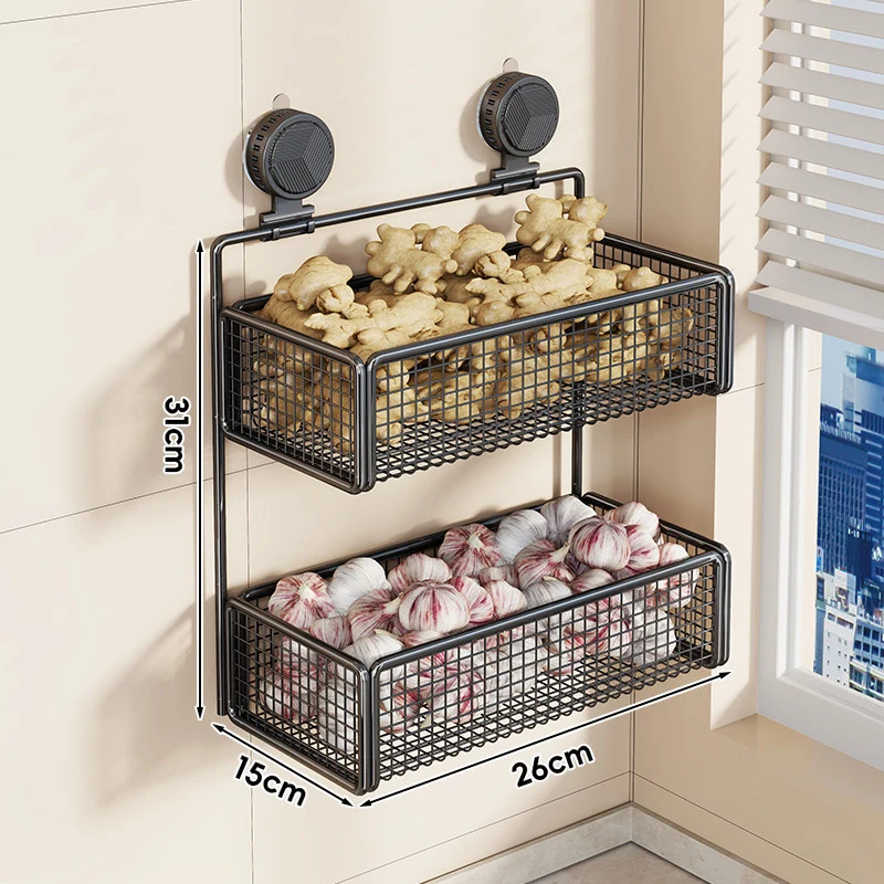 Wandmontierte Saugnetz-Obstlagerschalen-Set mit doppelt verstellbarem Regal