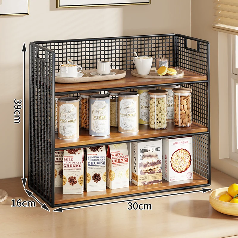 Multi-Ebenen Drahtgitter Arbeitsplatten Vorratsraum Organizer mit Holzregalen und Korb
