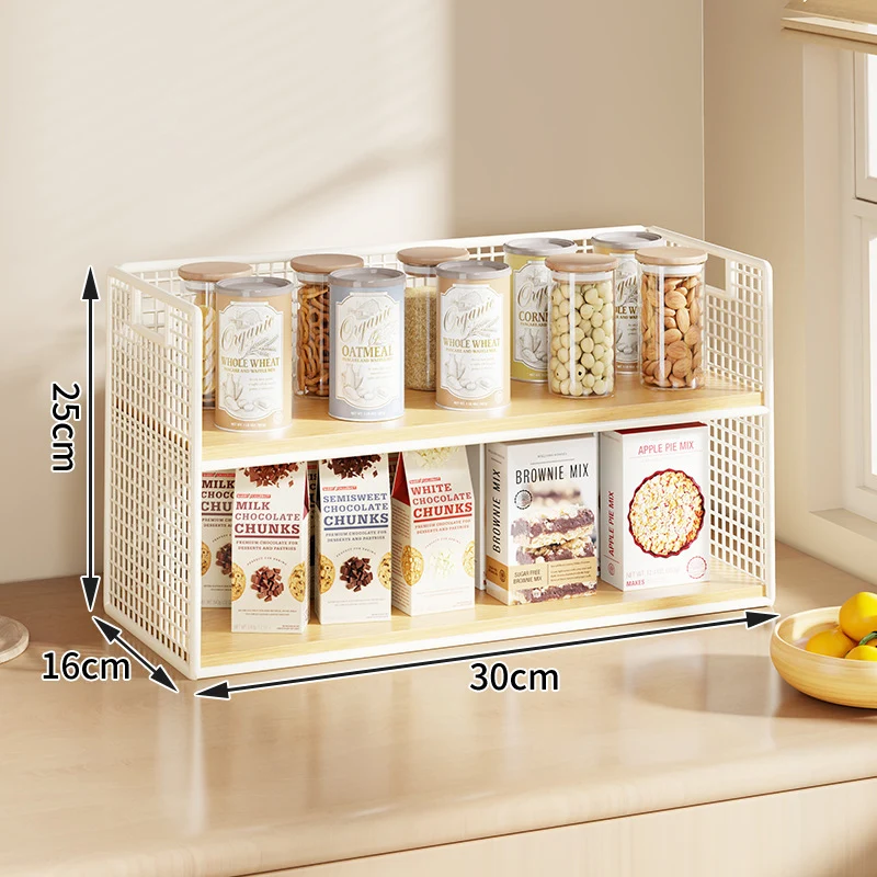 Multi-Ebenen Drahtgitter Arbeitsplatten Vorratsraum Organizer mit Holzregalen und Korb
