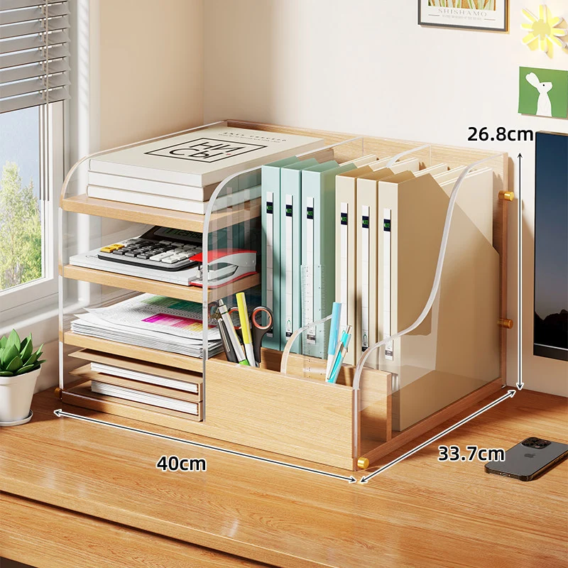 Modularer Holzschreibtisch-Organizer mit Acryl-Dateisortierer und Stiftfächern