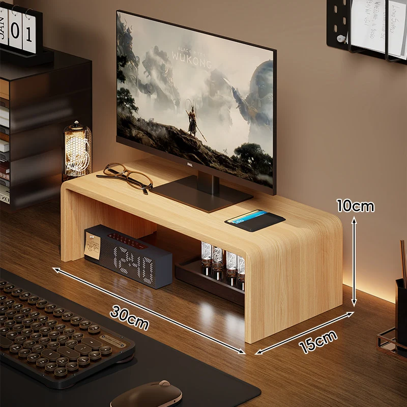 Niedrigprofilierte gebogene Desktop-Monitor-Plattform mit integriertem Unterregal-Organizer und ambienter Hintergrundbeleuchtung
