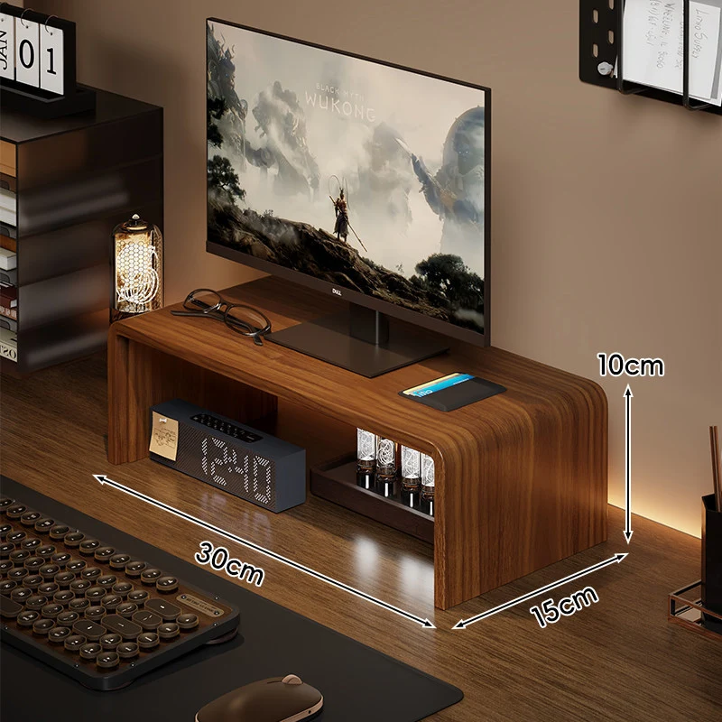 Niedrigprofilierte gebogene Desktop-Monitor-Plattform mit integriertem Unterregal-Organizer und ambienter Hintergrundbeleuchtung