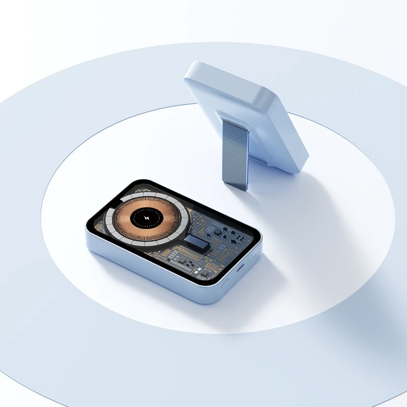 Tragbare Powerbank mit innovativem kabellosem Laden und integriertem Ständer Skanto