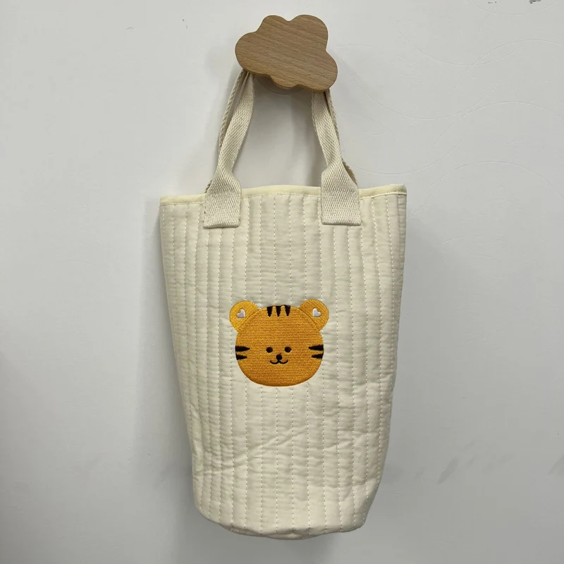 Gepolsterte Baumwoll-Tote mit gesticktem Tiger-Applikation und verstärkten Webbing-Tragegriffen