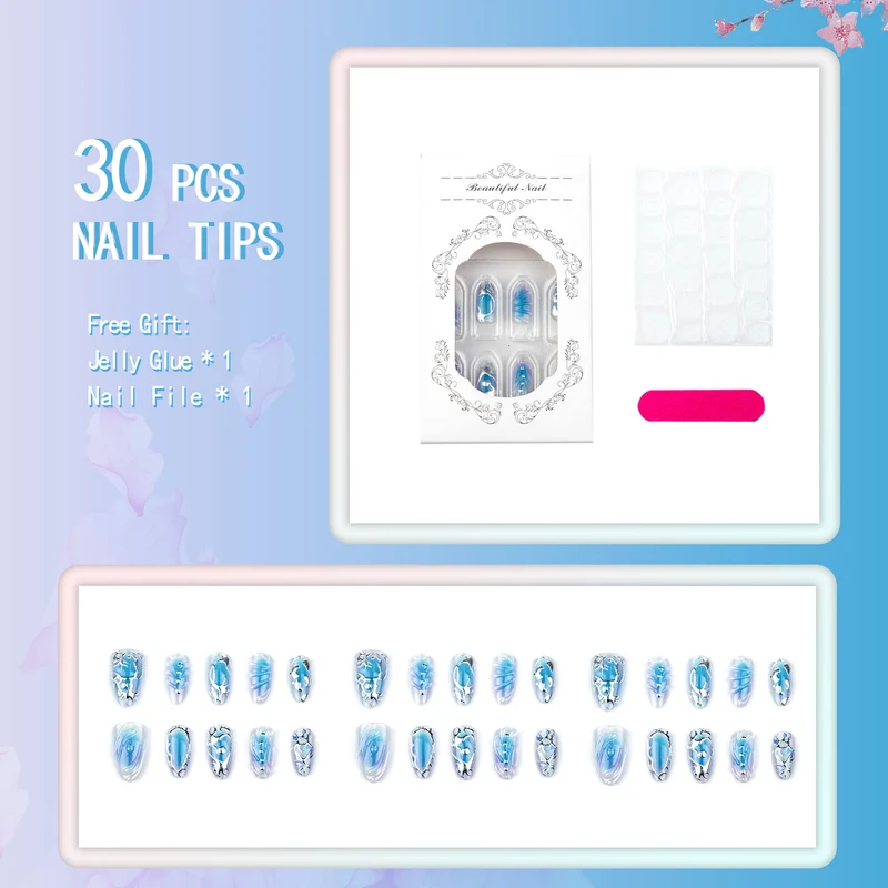 Premium Künstlerische Druck-Nagel-Set mit Silber und Blau Designs