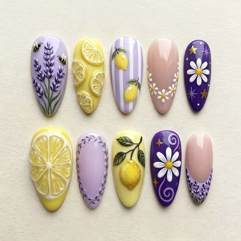 Manuelles Nagelkunst-Set mit floralen und Zitronendesigns