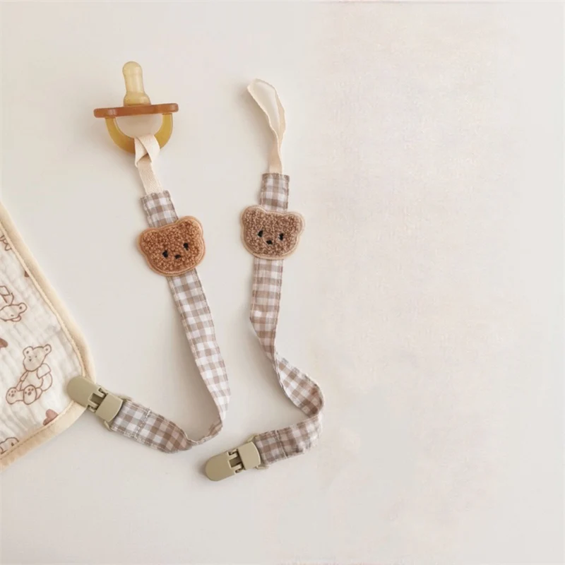 Vichykaro Baumwollberuhigungssauger- und Beißringclip mit gesticktem Bärenapplikation
