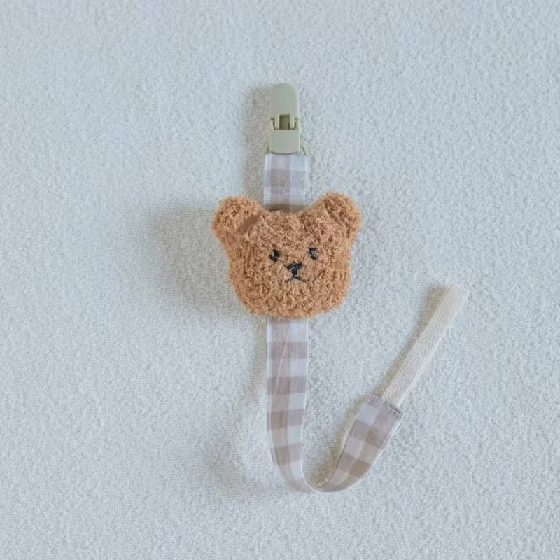 Vichykaro Baumwollberuhigungssauger- und Beißringclip mit gesticktem Bärenapplikation
