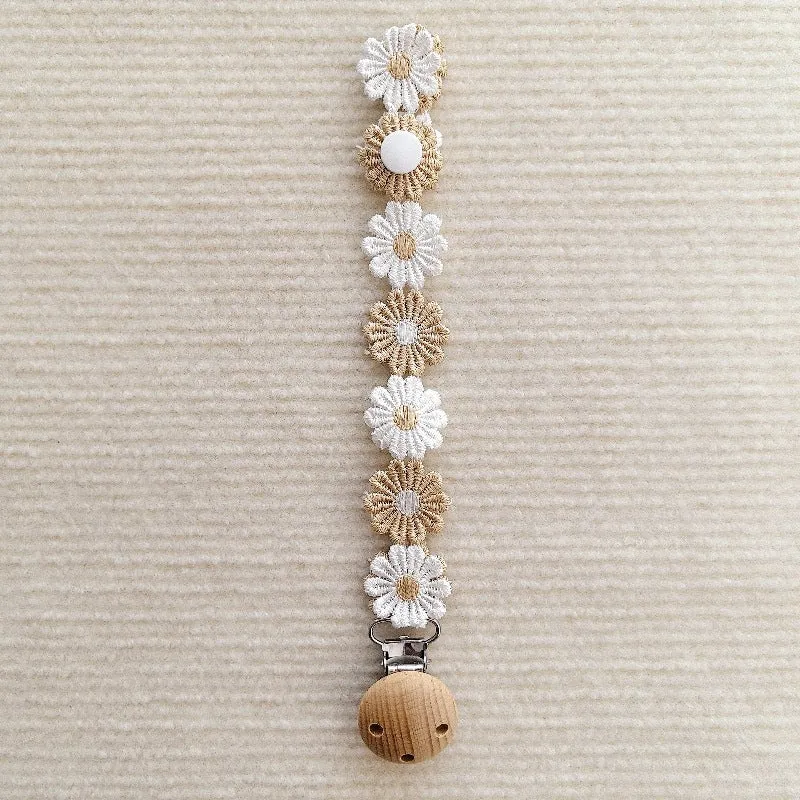 Florale Häkel-Schnullerhalter mit Holz-Sicherheitsclip