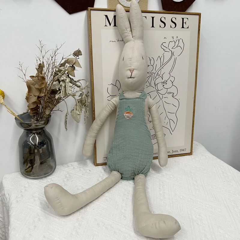 Handgemachte Leinen Langbein Hase Stofftier mit gesticktem Overall