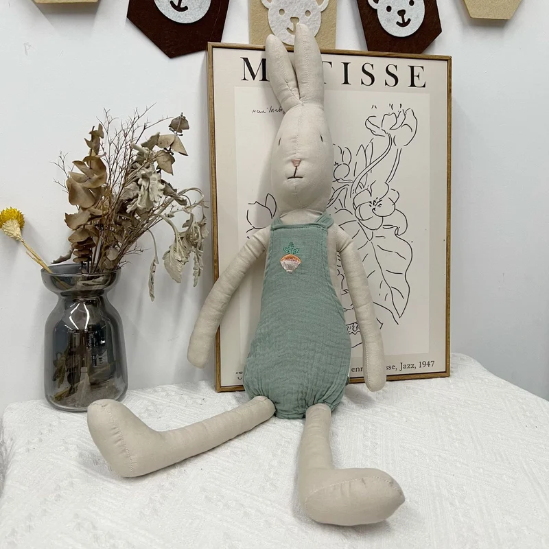 Handgemachte Leinen Langbein Hase Stofftier mit gesticktem Overall