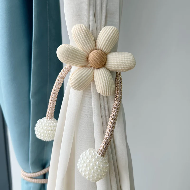 Dekorative Stoffblumen-Vorhanghalter mit geflochtenem Seil und Perlen-Pom-Pom-Gewichten